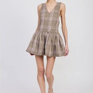 En Saison V-Neck Plaid Mini Dress in Beige with Lilac Trim small